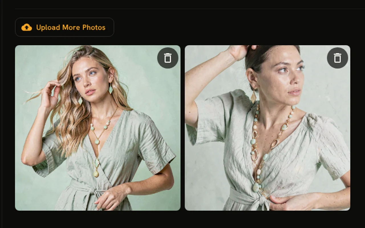 The Train tab showing uploaded training photos and the resolution selector